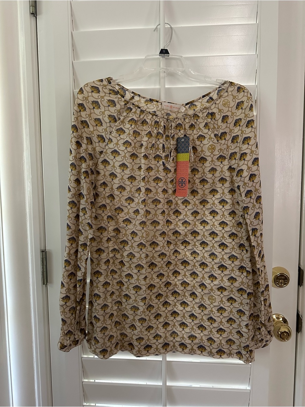 Tory Burch Cream and Yellow Floral-Print Long Sleeve Blouse